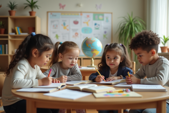 Quatre enfants de différentes cultures en classe avec livres et globe