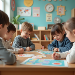 Enfants d'école primaire jouant avec des jeux éducatifs en classe