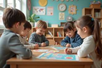 Enfants d'école primaire jouant avec des jeux éducatifs en classe