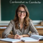 Professeur de français en classe avec livres de grammaire