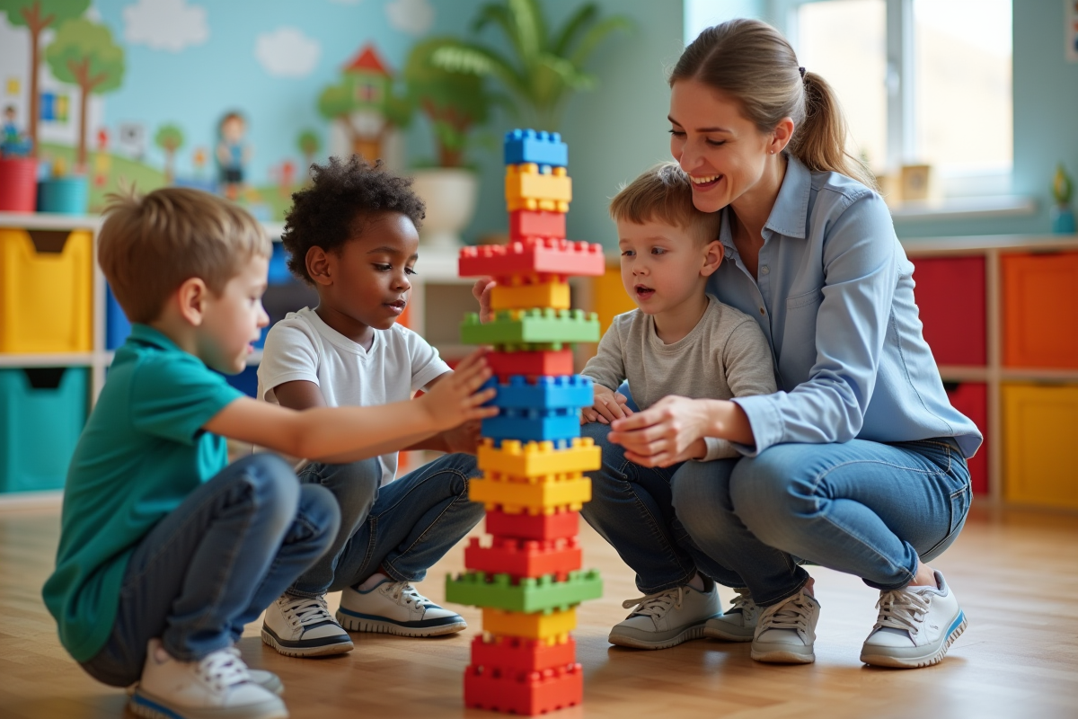 Enseignante aidant des enfants à construire une tour de blocs