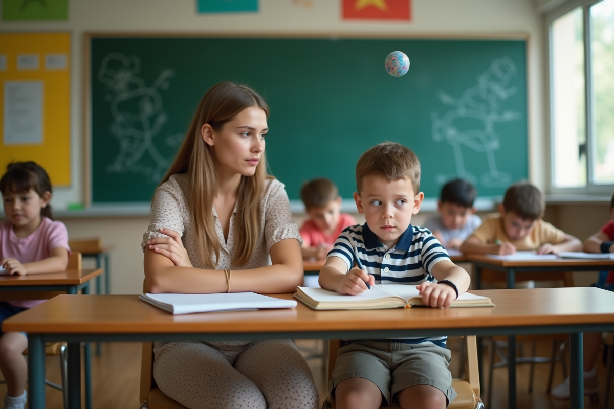 Enseignante patiente avec un élève distrait en classe