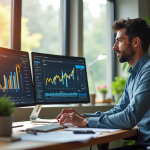 Entrepreneur français travaillant sur un bureau moderne avec deux écrans SEO