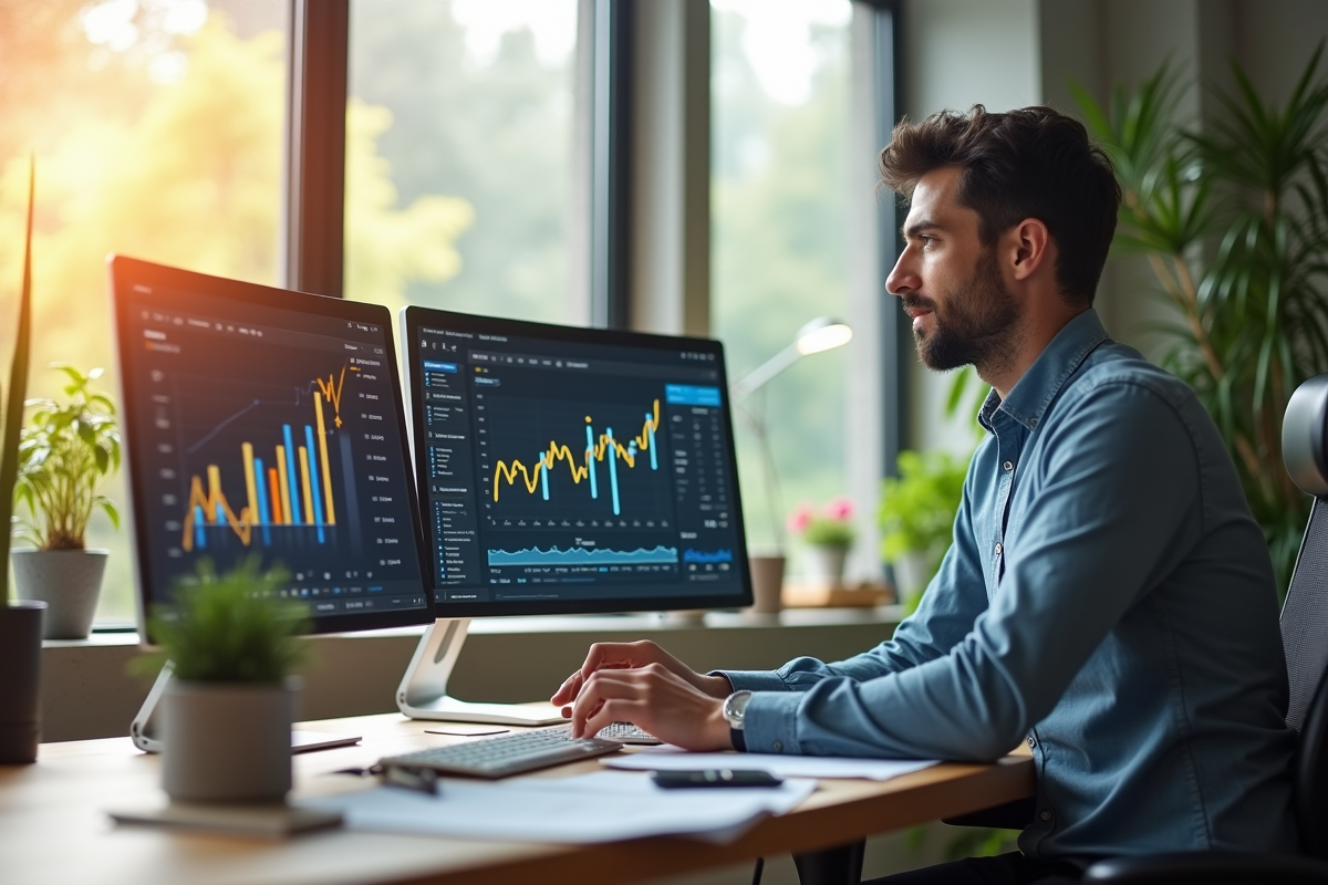 Entrepreneur français travaillant sur un bureau moderne avec deux écrans SEO