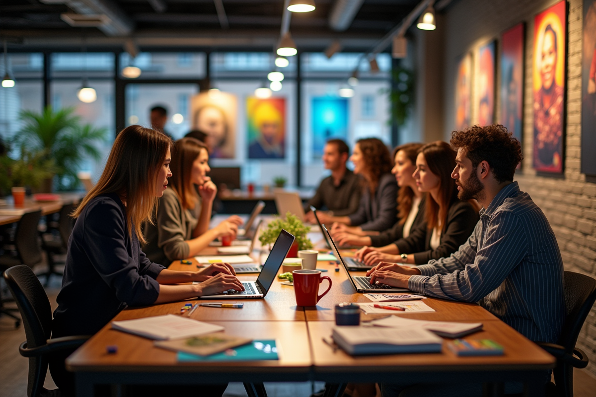 Equipe créative en brainstorming dans un espace de travail coloré et ouvert