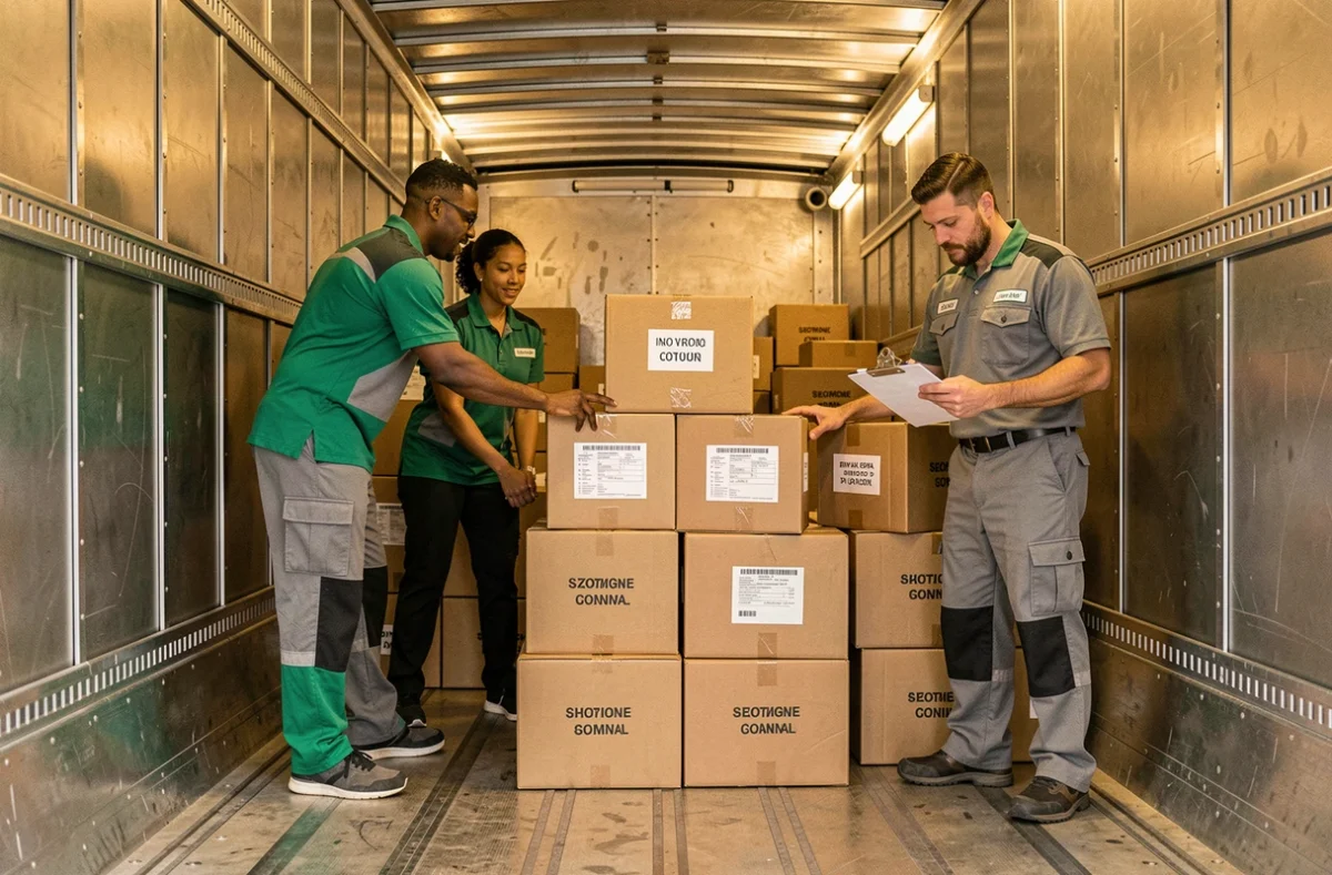 Équipe de déménageurs organisant des cartons à l'intérieur d'un camion de déménagement