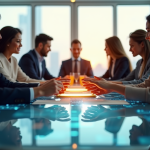Groupe de professionnels autour d'une table moderne échangeant des jetons numériques