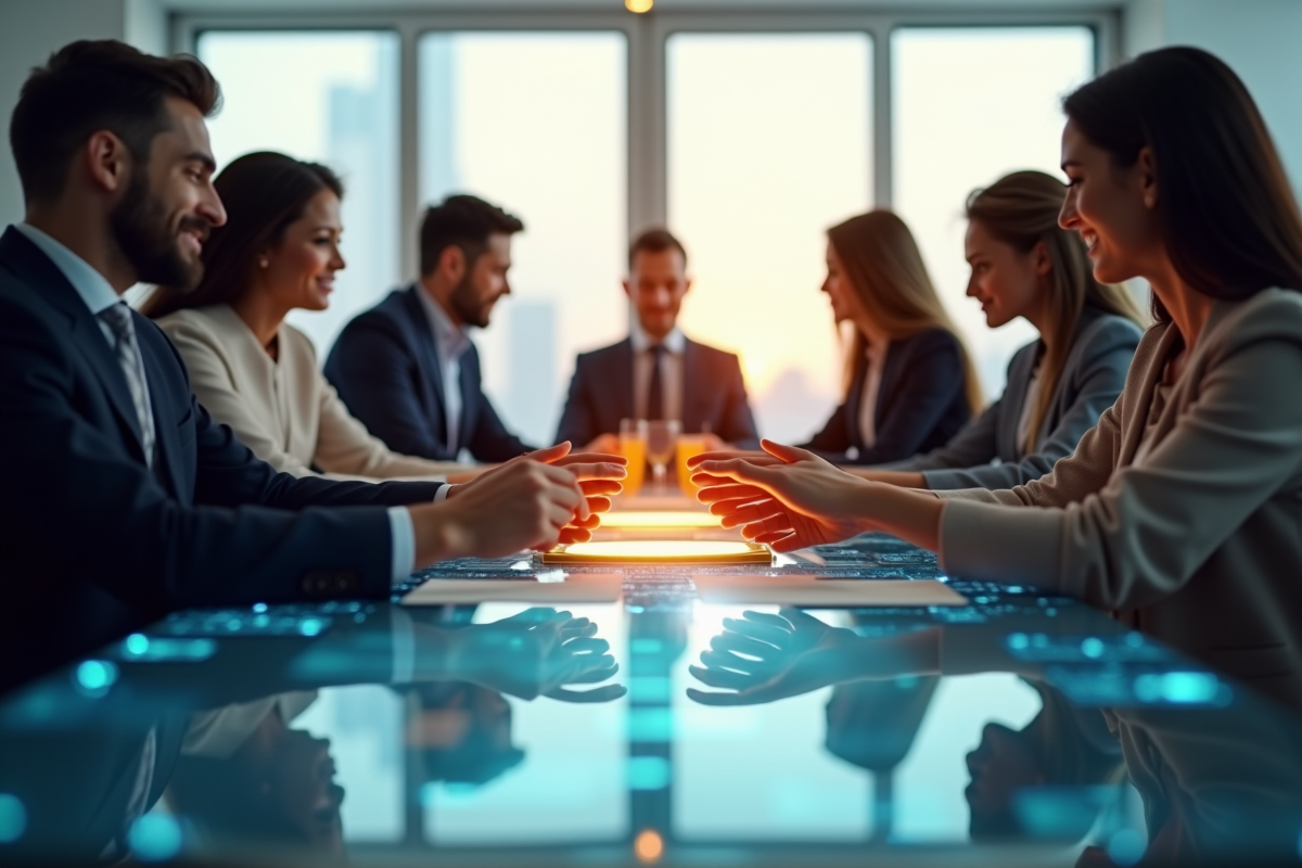 Groupe de professionnels autour d'une table moderne échangeant des jetons numériques
