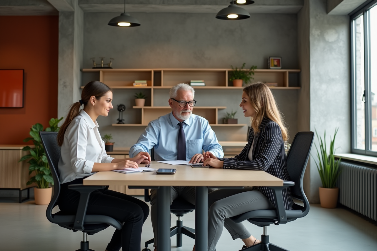 Groupe de collègues discutant autour d’un bureau modulable