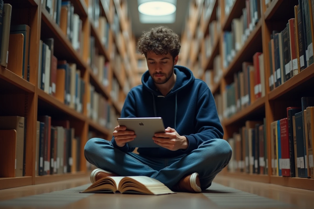 Étudiant comparant un article Wikipédia sur tablette avec une encyclopédie imprimée dans une bibliothèque universitaire pour évaluer la fiabilité des informations