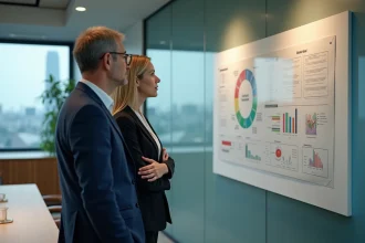 Cadre d'une réunion avec un couple regardant une feuille de route énergie