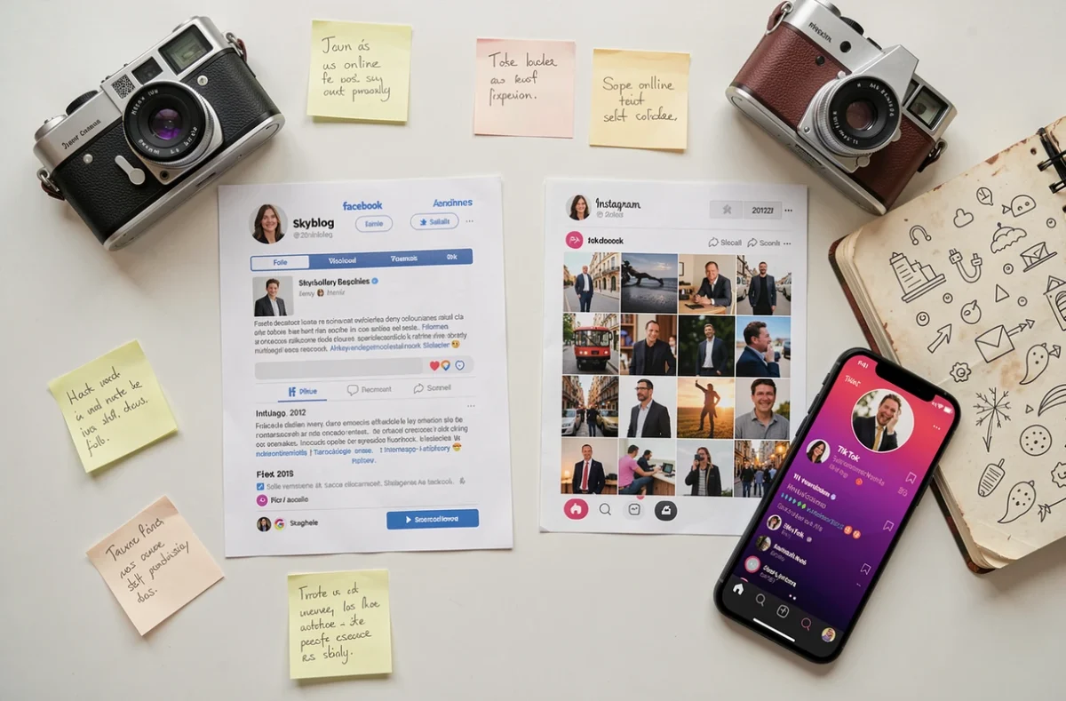 Vue à plat d'une collection d'artefacts numériques illustrant l'évolution des réseaux sociaux français de Skyblog à TikTok sur une surface blanche