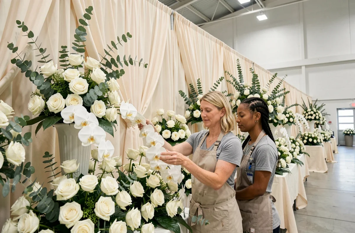 Carole et Mary d'Excelflor installant une décoration florale événementielle élaborée dans une salle à Laval