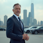 Homme d'affaires automobile en costume devant la ville