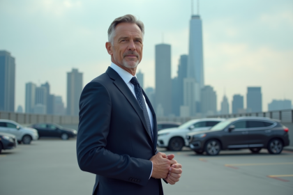 Homme d'affaires automobile en costume devant la ville