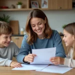 Femme souriante avec enfants dans une cuisine chaleureuse