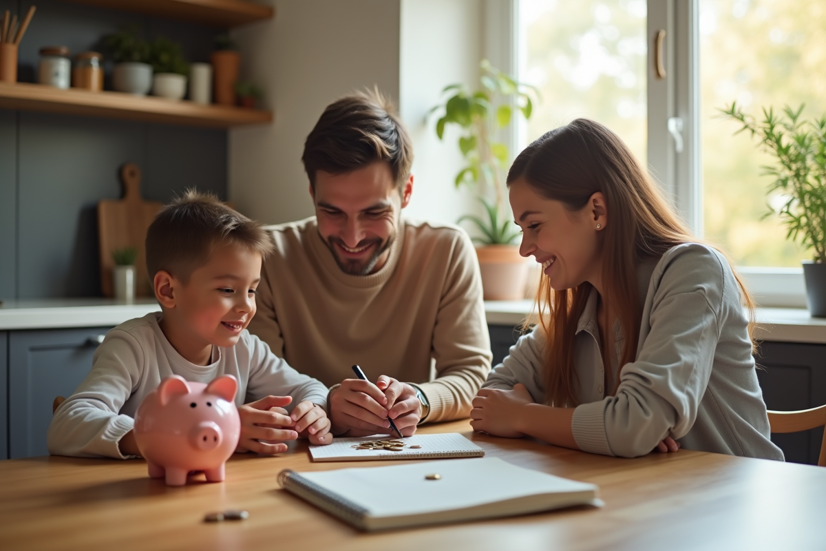 Famille enseignant à un enfant à économiser avec une tirelire