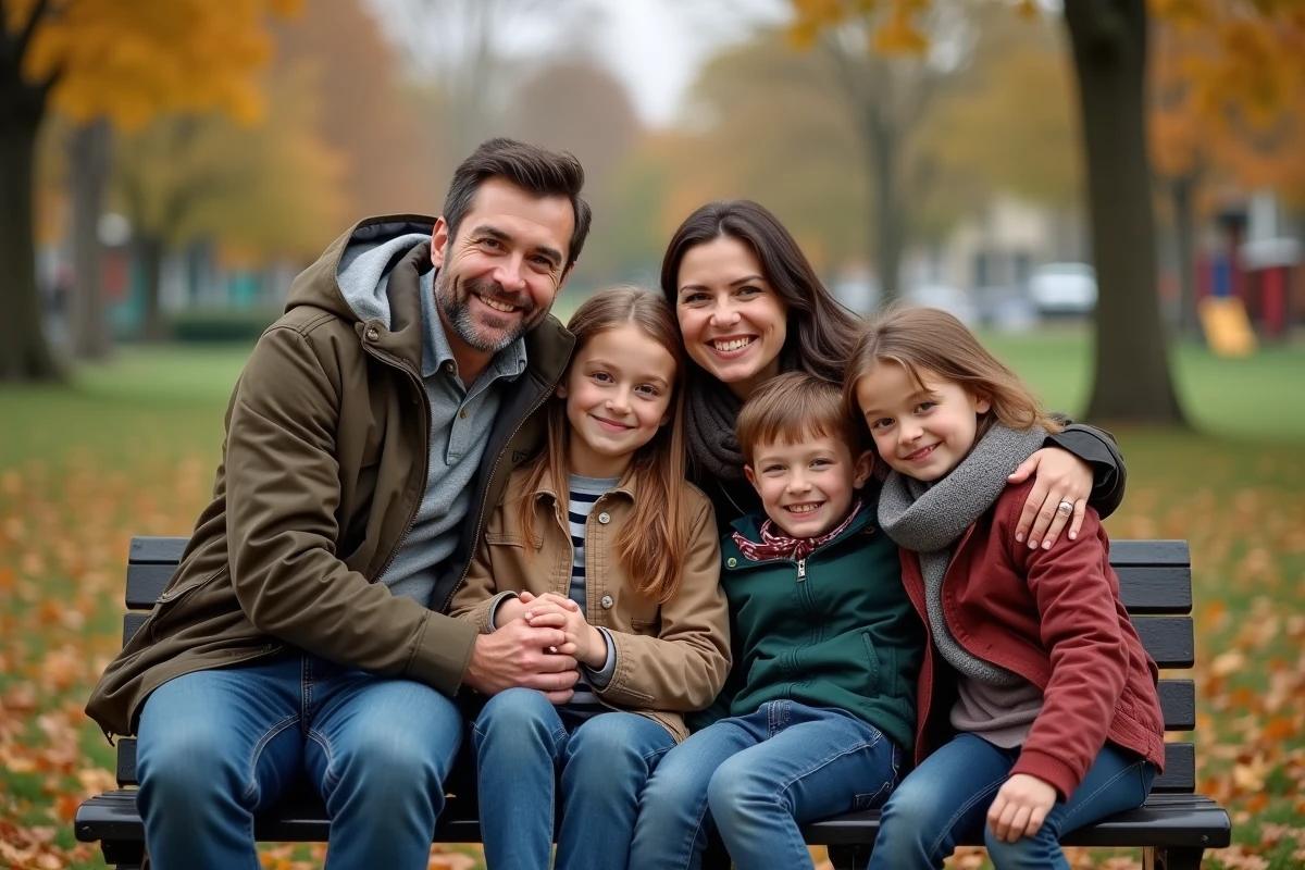 Famille en câlin dans un parc en automne