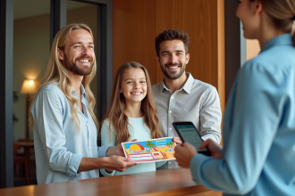 Famille heureuse dans un hall d'hôtel avec voucher vacances