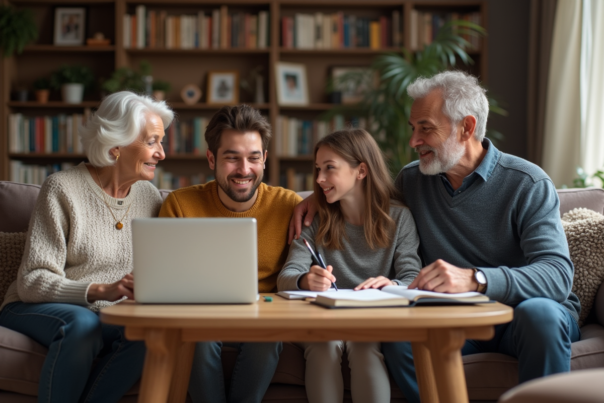 Famille multigeneration discutant dans le salon chaleureux