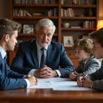 Père en costume bleu avec ses enfants dans un bureau chaleureux