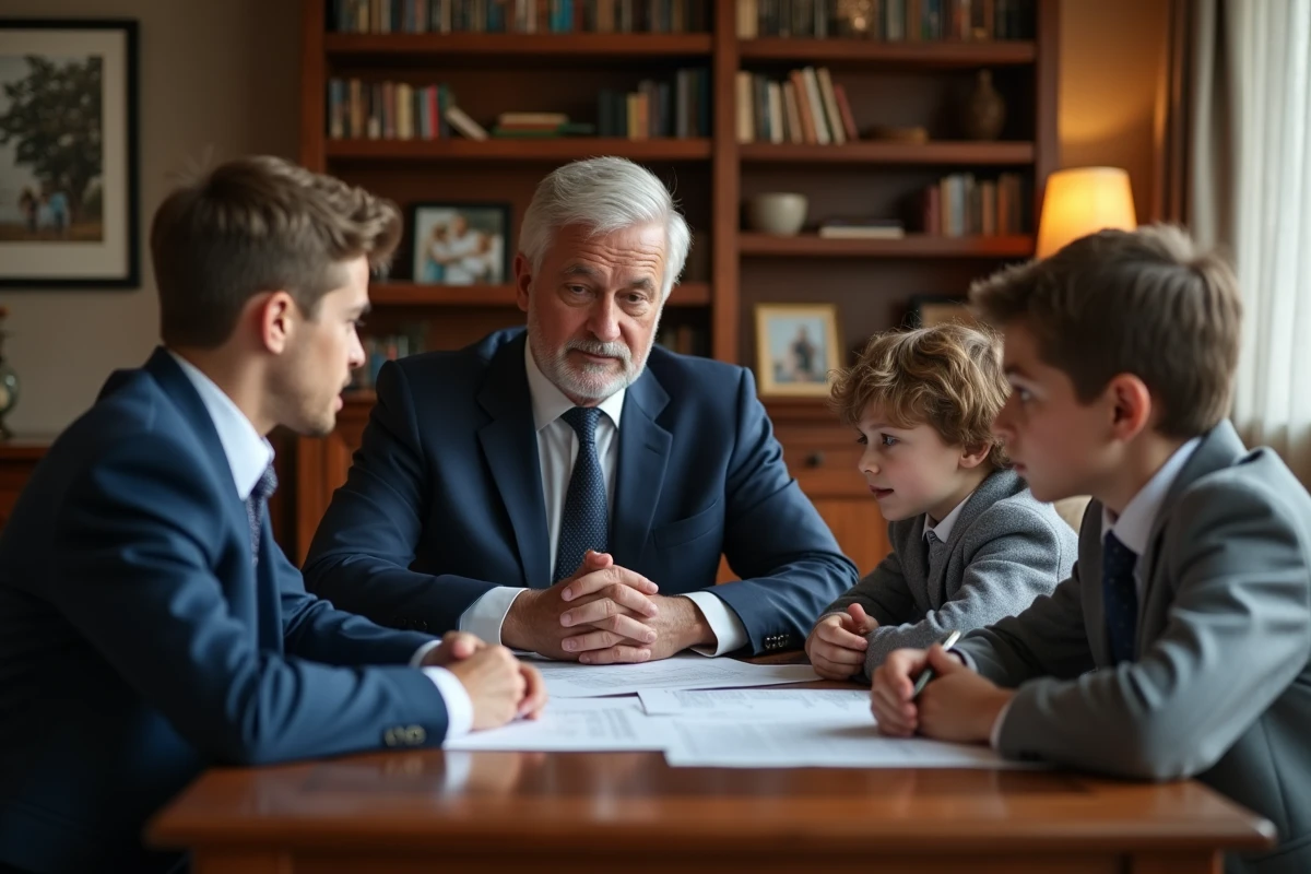 Père en costume bleu avec ses enfants dans un bureau chaleureux