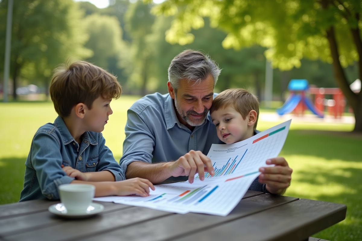 Famille regardant un graphique financier dans un parc en plein air