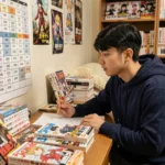 Fan de manga étudiant le calendrier de sortie des chapitres One Piece jusqu'en 2026 sur son bureau encombré de volumes