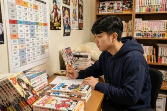 Fan de manga étudiant le calendrier de sortie des chapitres One Piece jusqu'en 2026 sur son bureau encombré de volumes
