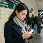 Jeune femme consultant une application de transport en commun sur son smartphone dans une station de métro parisienne