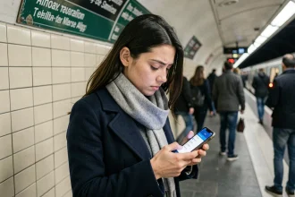Jeune femme consultant une application de transport en commun sur son smartphone dans une station de métro parisienne