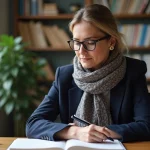 Femme en train d'étudier la grammaire française à son bureau