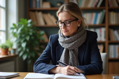 Femme en train d'étudier la grammaire française à son bureau
