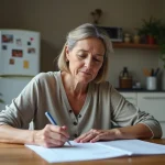 Femme remplissant une attestation d'hébergement dans une cuisine