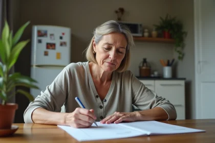 Femme remplissant une attestation d'hébergement dans une cuisine
