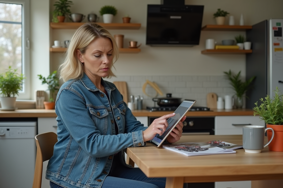 Femme regardant des annonces motocross sur une tablette à la maison
