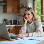 Femme assise à la cuisine en train de vérifier ses factures