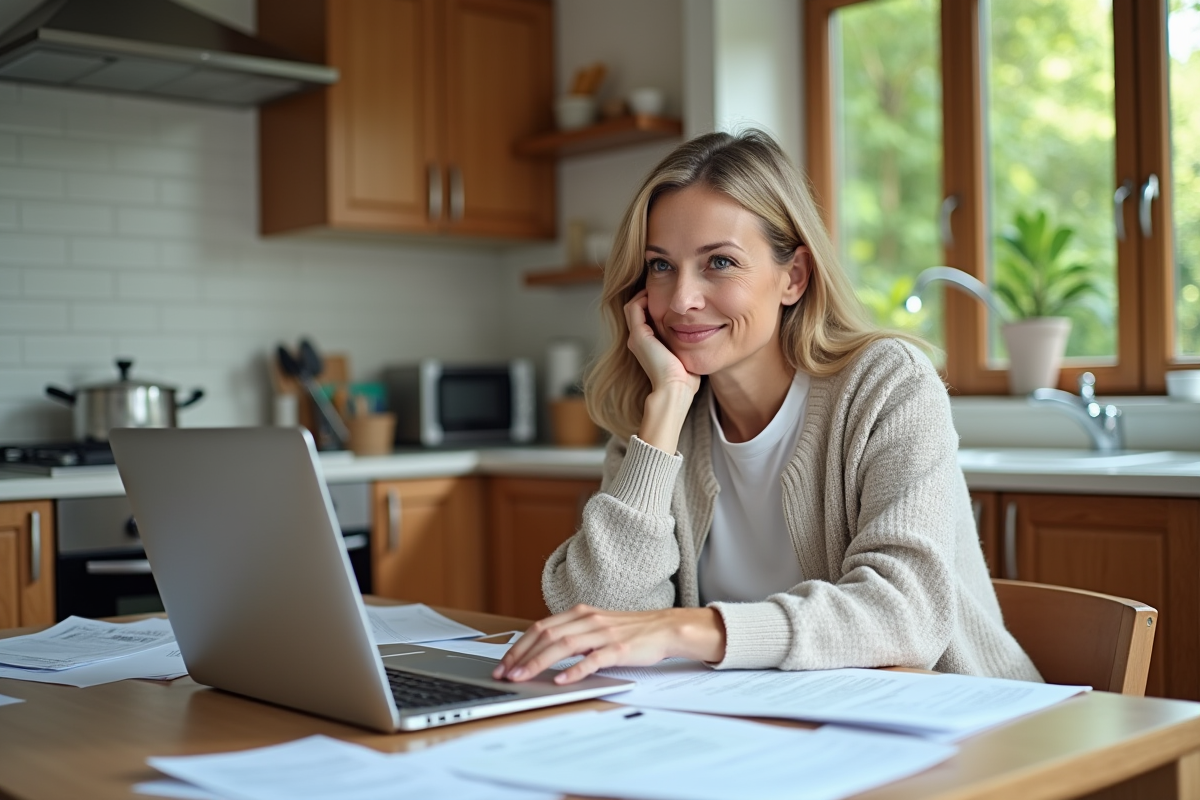 Femme assise à la cuisine en train de vérifier ses factures