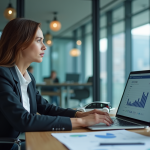 Femme concentrée devant un tableau de bord numérique au bureau