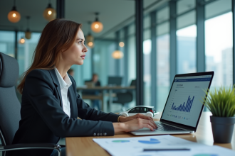 Femme concentrée devant un tableau de bord numérique au bureau