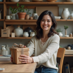 Femme souriante tenant une enveloppe cadeau dans un atelier parisien