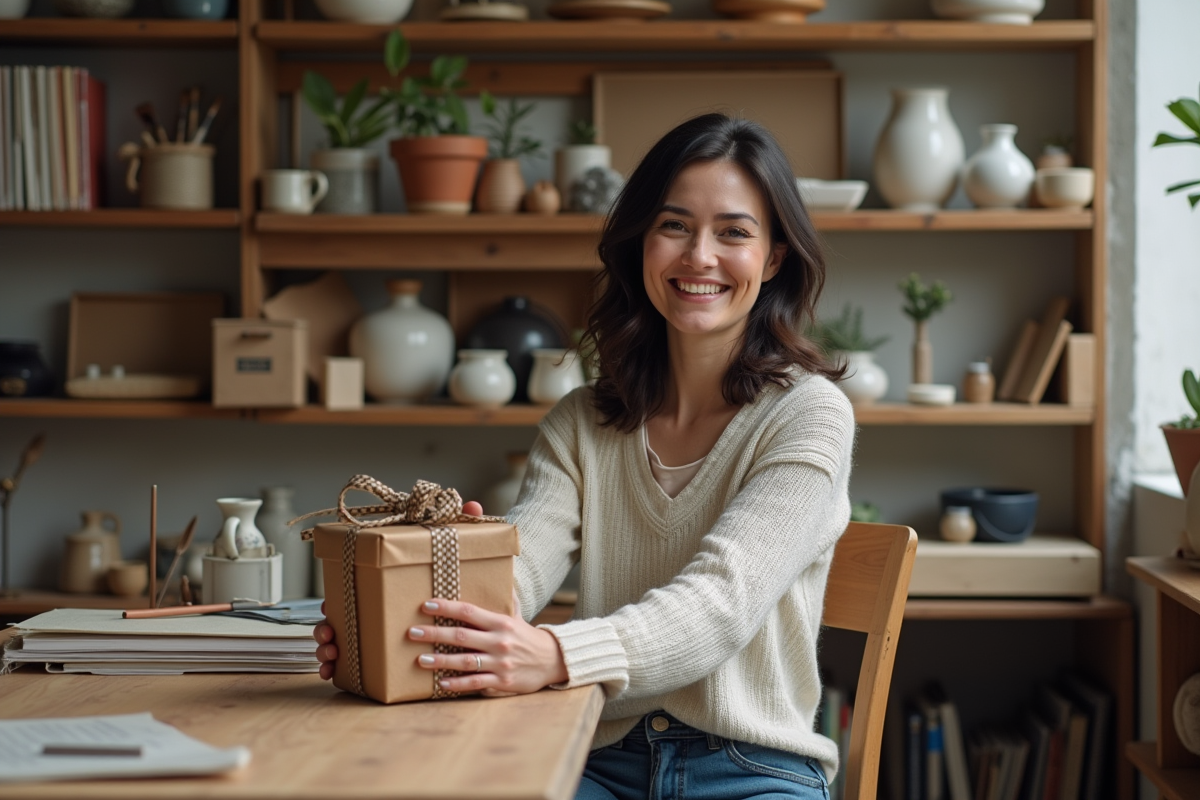 Femme souriante tenant une enveloppe cadeau dans un atelier parisien