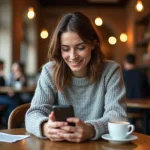 Femme contemplative dans un café parisien regardant l'heure 08h08 sur son smartphone, symbole du nombre angélique 0808