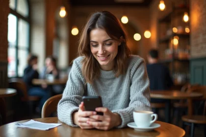 Femme contemplative dans un café parisien regardant l'heure 08h08 sur son smartphone, symbole du nombre angélique 0808