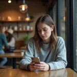 Jeune femme assise au café regardant son téléphone contemplatif