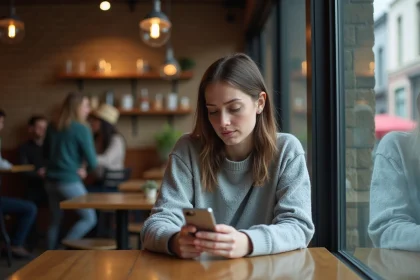 Jeune femme assise au café regardant son téléphone contemplatif