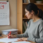 Femme entourant le 29 février sur un calendrier papier dans un bureau à domicile, illustrant l'année bissextile