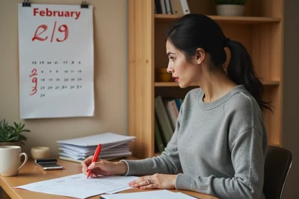 Femme entourant le 29 février sur un calendrier papier dans un bureau à domicile, illustrant l'année bissextile