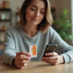 Femme examinant une carte SIM Orange avec son smartphone dans un bureau à domicile moderne