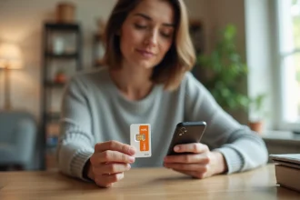 Femme examinant une carte SIM Orange avec son smartphone dans un bureau à domicile moderne